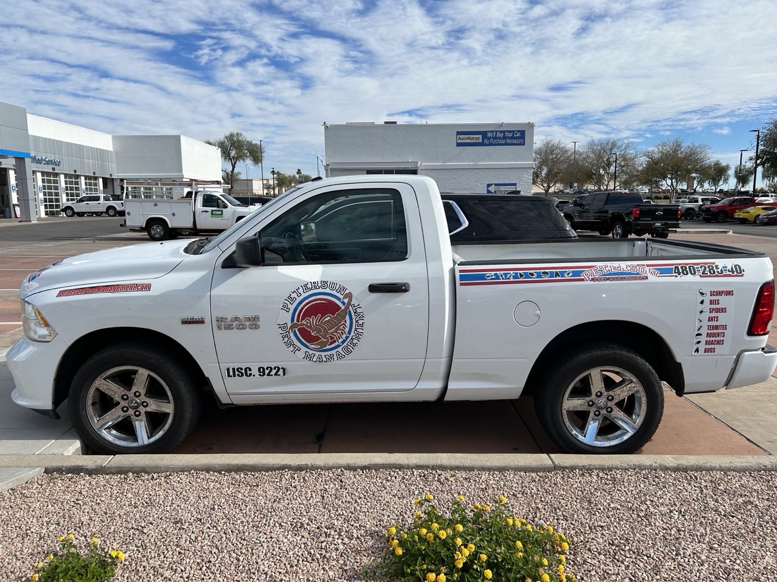 Side of a Peterson Pest Management Ram truck listing scorpions, bees, spiders, ants, termites, rodents, roaches and bugs